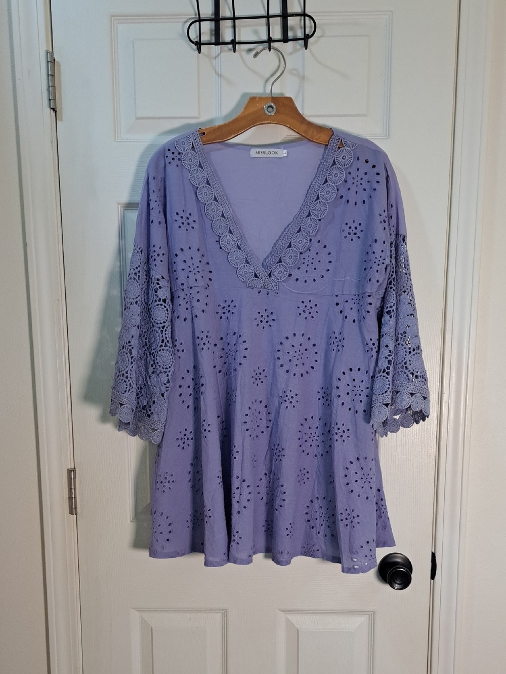 MISSLOOK Tunic Lavender Crochet-Trim Eyelet Cutouts V-Neck Lightweight Flowy